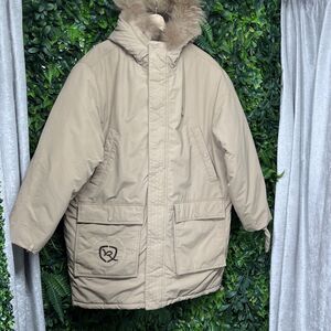 VINTAGE ROCAWEAR Jacket Mens 2XL Tan Puffer‎ Full Zip Hooded Hip Hop Y2K